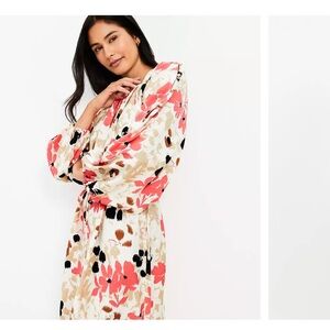 LOFT Coral & Cream Floral Tie-Waist Long Sleeve Dress Cut Out Sleeve Sz L
